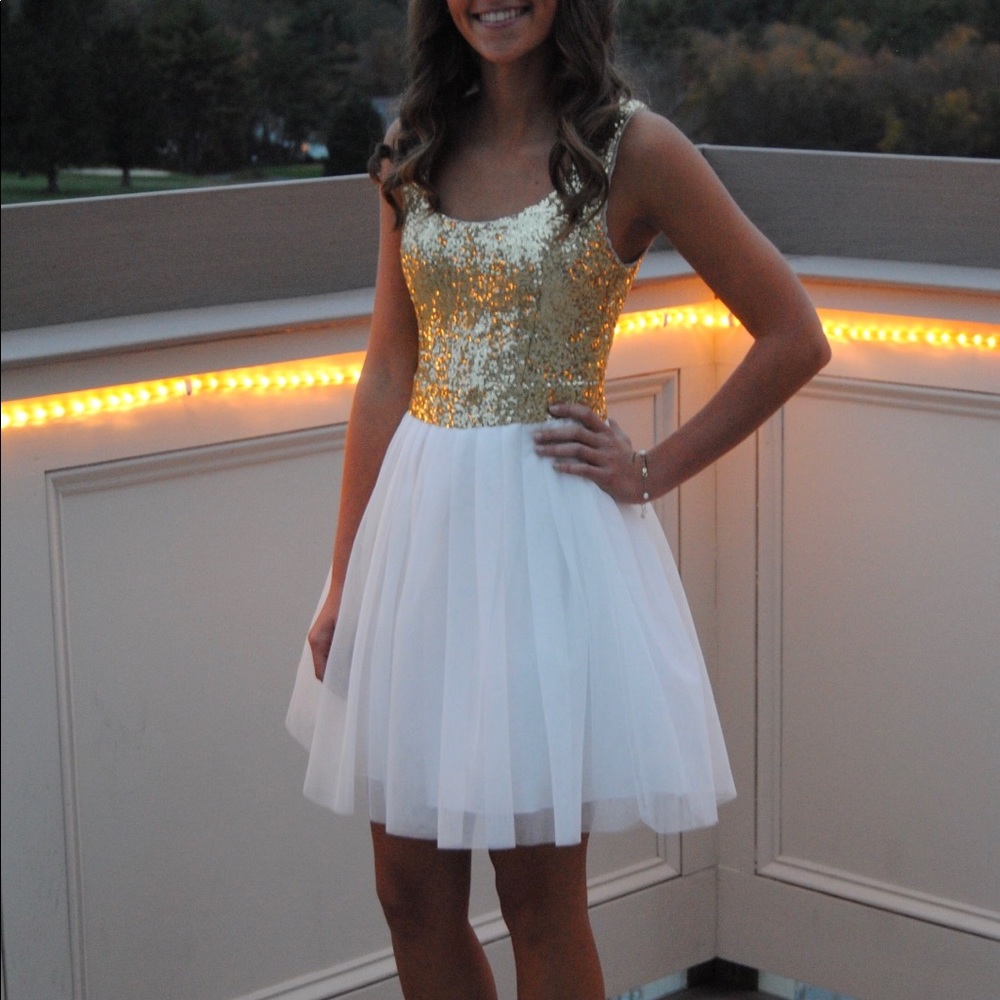 B Darlin Gold Sequin Bodice White Tulle Prom Dress